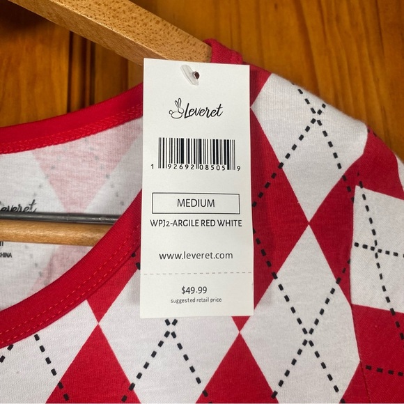 Leveret Women’s Red and White Argyle 100% Cotton Pajama Night Shirt - Picture 4 of 7